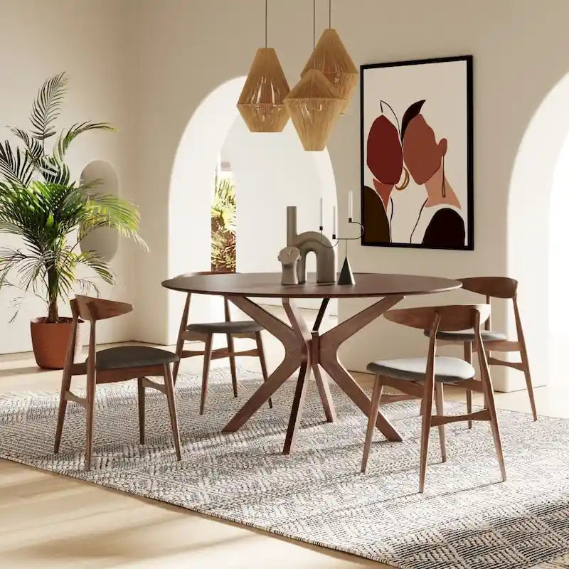 Tavolo da pranzo rotondo in noce da 150 cm con base in legno massello – 6 posti