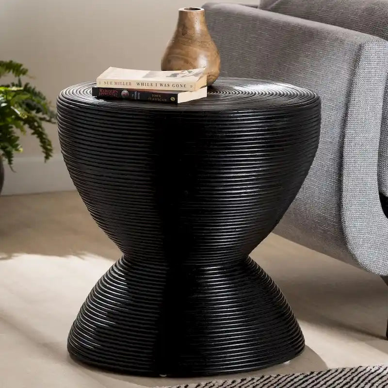Tavolino/Comodino con Struttura a Clessidra in Rattan Naturale – Stile Bohémien Chic, Rotondo 55 cm