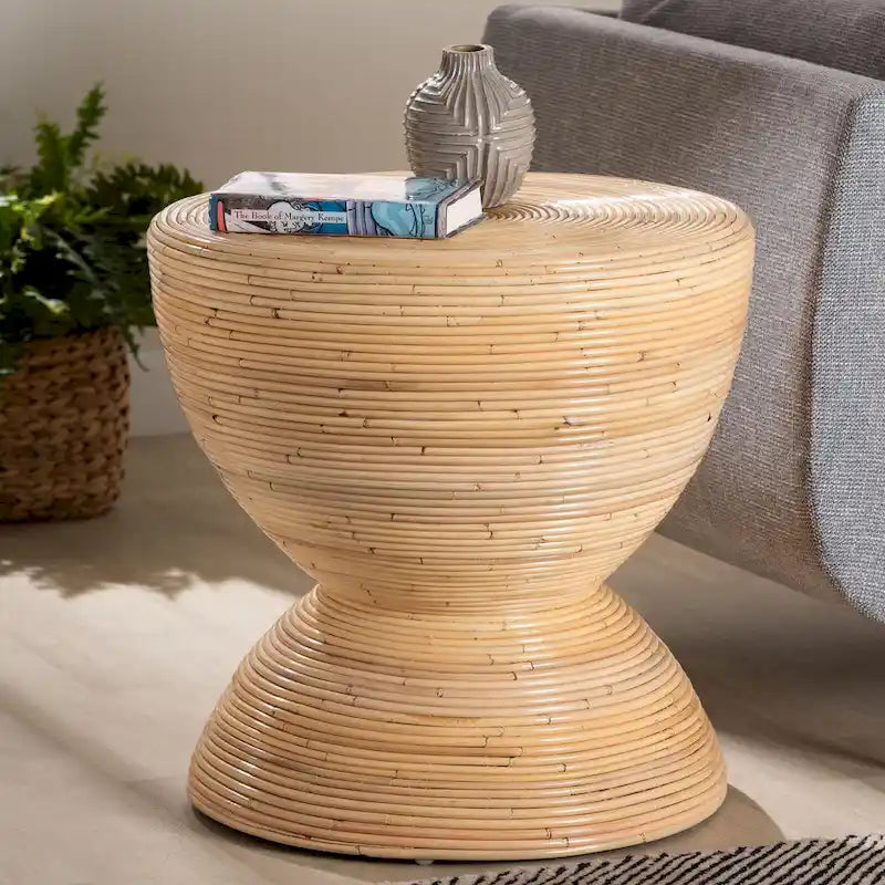 Tavolino/Comodino con Struttura a Clessidra in Rattan Naturale – Stile Bohémien Chic, Rotondo 55 cm