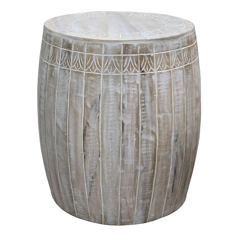 Tavolino rotondo in legno di mango lavorato a mano bianco anticato – diametro 40,6 cm x altezza 50,8 cm