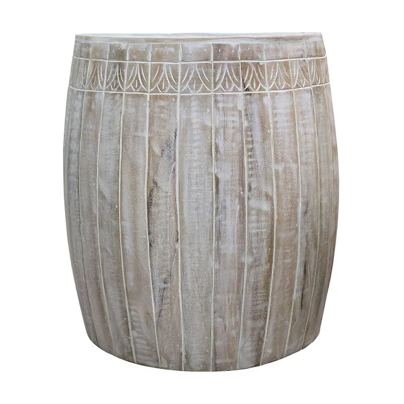 Tavolino rotondo in legno di mango lavorato a mano bianco anticato – diametro 40,6 cm x altezza 50,8 cm