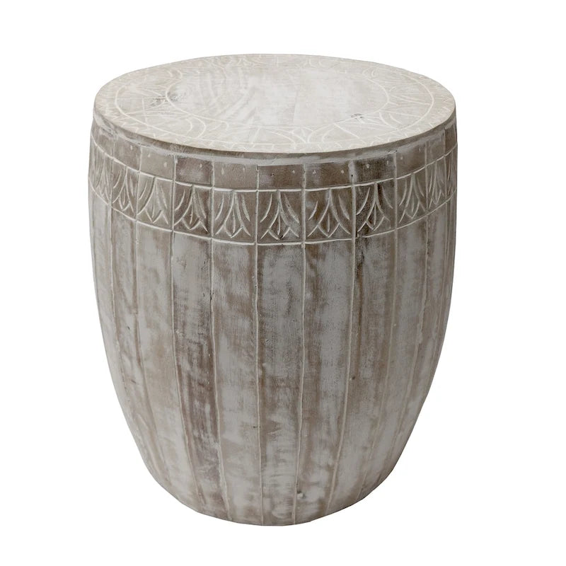 Tavolino rotondo in legno di mango lavorato a mano bianco anticato – diametro 40,6 cm x altezza 50,8 cm