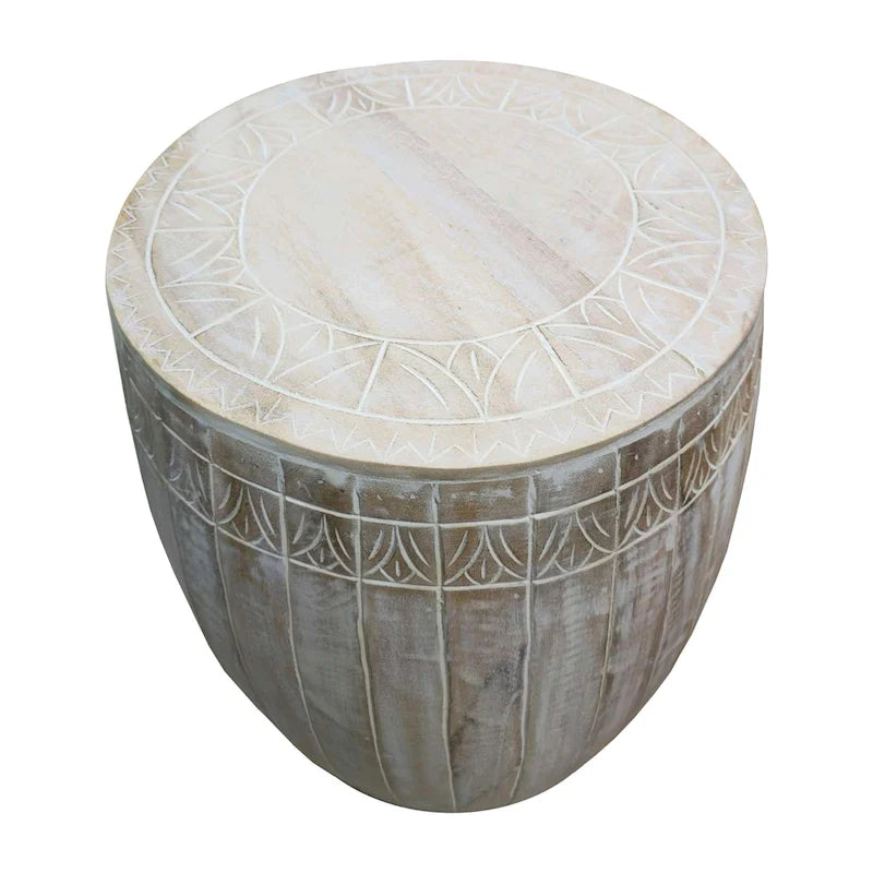Tavolino rotondo in legno di mango lavorato a mano bianco anticato – diametro 40,6 cm x altezza 50,8 cm