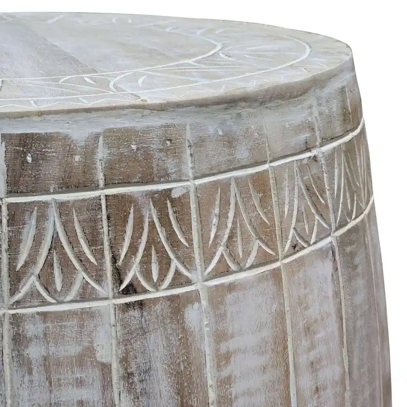 Tavolino rotondo in legno di mango lavorato a mano bianco anticato – diametro 40,6 cm x altezza 50,8 cm