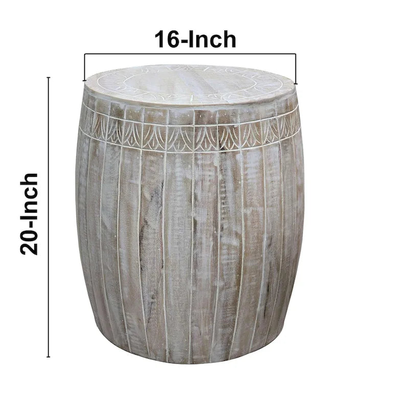 Tavolino rotondo in legno di mango lavorato a mano bianco anticato – diametro 40,6 cm x altezza 50,8 cm
