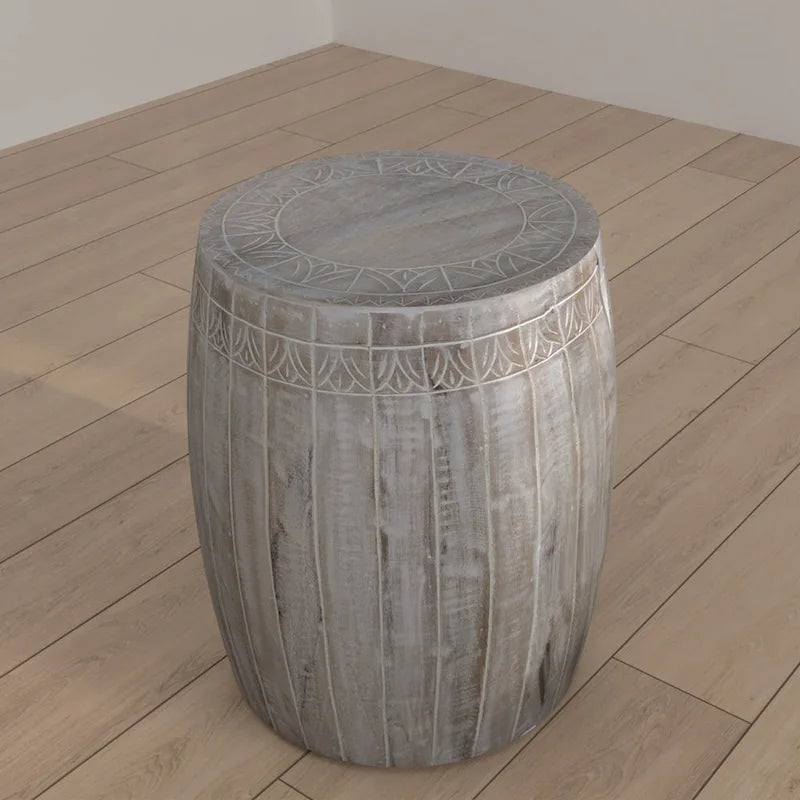 Tavolino rotondo in legno di mango lavorato a mano bianco anticato – diametro 40,6 cm x altezza 50,8 cm