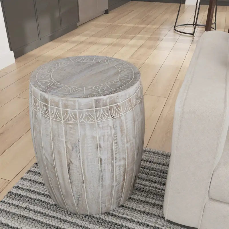 Tavolino rotondo in legno di mango lavorato a mano bianco anticato – diametro 40,6 cm x altezza 50,8 cm