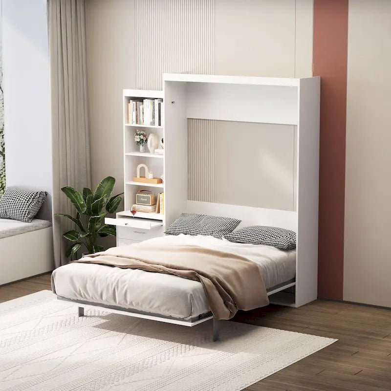 Letto a scomparsa bianco a grandezza naturale con mensole integrate, cassetti e ammortizzatore a gas