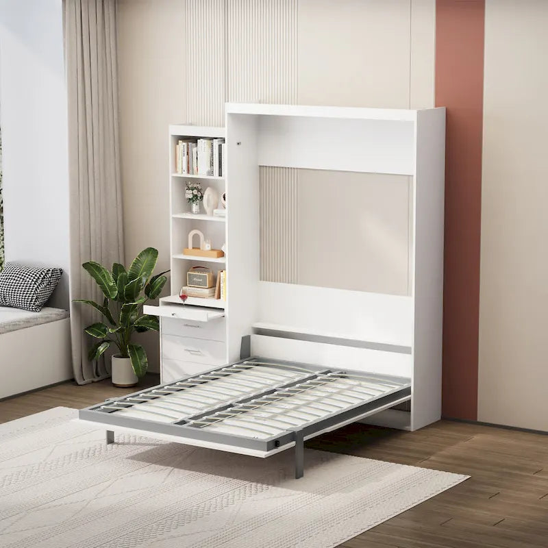 Letto a scomparsa bianco a grandezza naturale con mensole integrate, cassetti e ammortizzatore a gas
