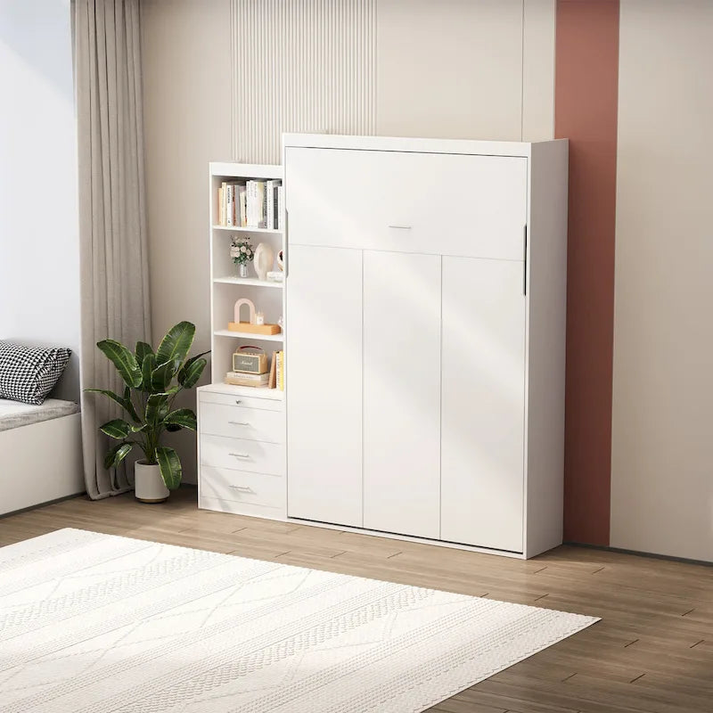 Letto a scomparsa bianco a grandezza naturale con mensole integrate, cassetti e ammortizzatore a gas