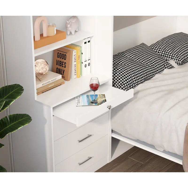 Letto a scomparsa bianco a grandezza naturale con mensole integrate, cassetti e ammortizzatore a gas