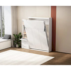 Letto a scomparsa bianco a grandezza naturale con mensole integrate, cassetti e ammortizzatore a gas