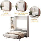 Letto a scomparsa bianco a grandezza naturale con mensole integrate, cassetti e ammortizzatore a gas