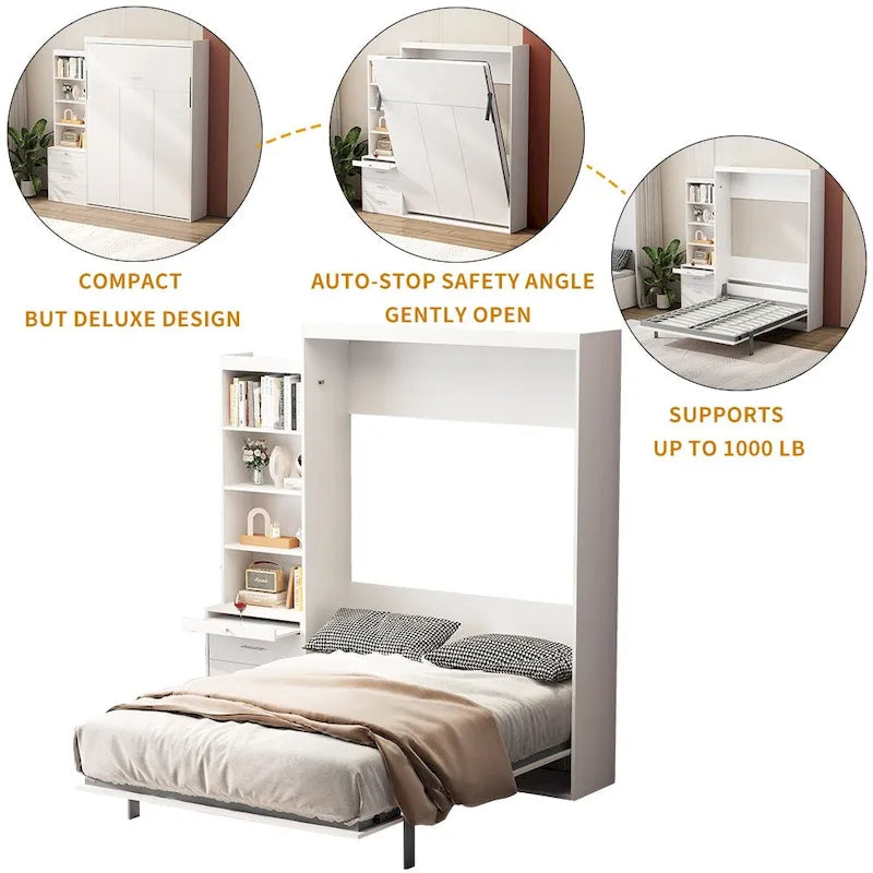 Letto a scomparsa bianco a grandezza naturale con mensole integrate, cassetti e ammortizzatore a gas