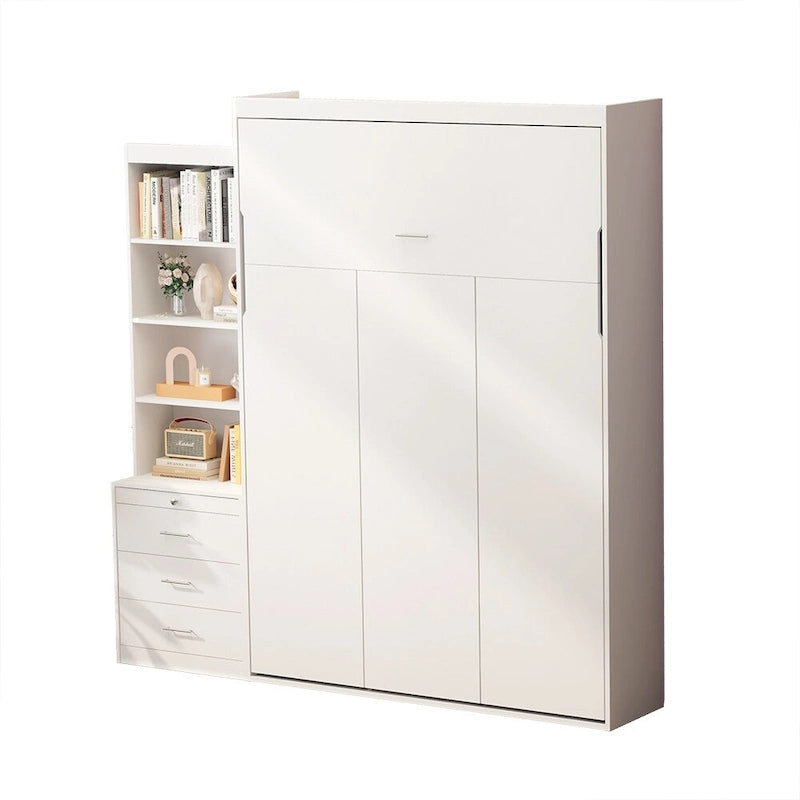 Letto a scomparsa bianco a grandezza naturale con mensole integrate, cassetti e ammortizzatore a gas