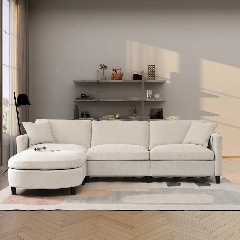 Divano componibile a 4 posti con pouf mobile e bracciolo portaoggetti – 273 cm L