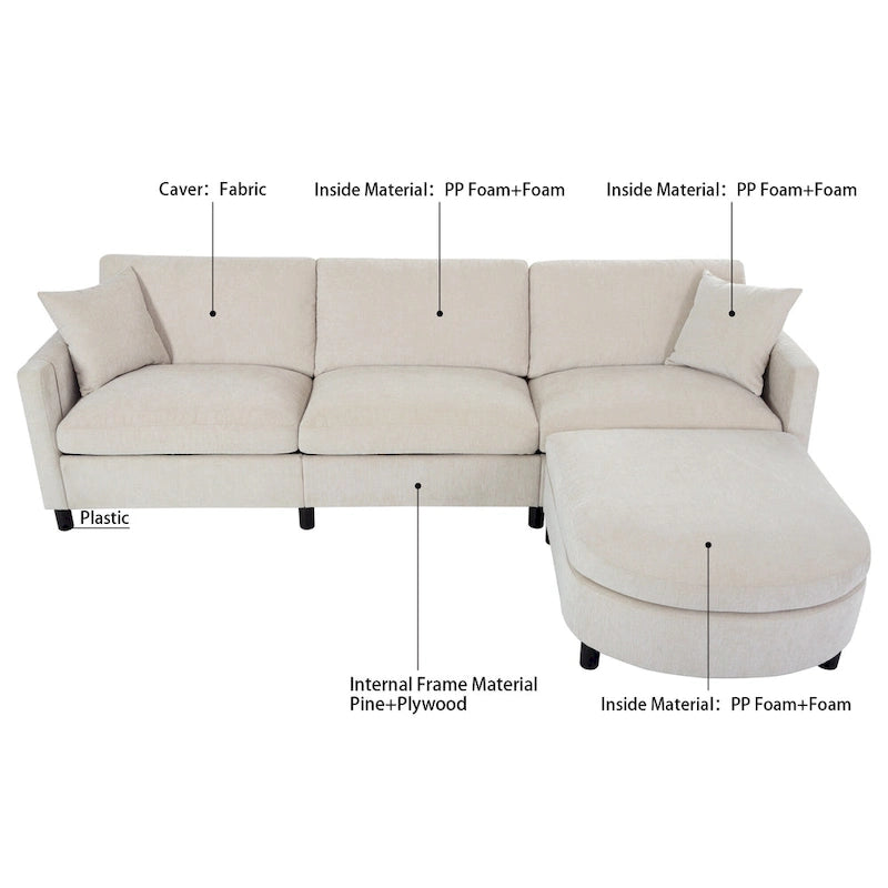 Divano componibile a 4 posti con pouf mobile e bracciolo portaoggetti – 273 cm L