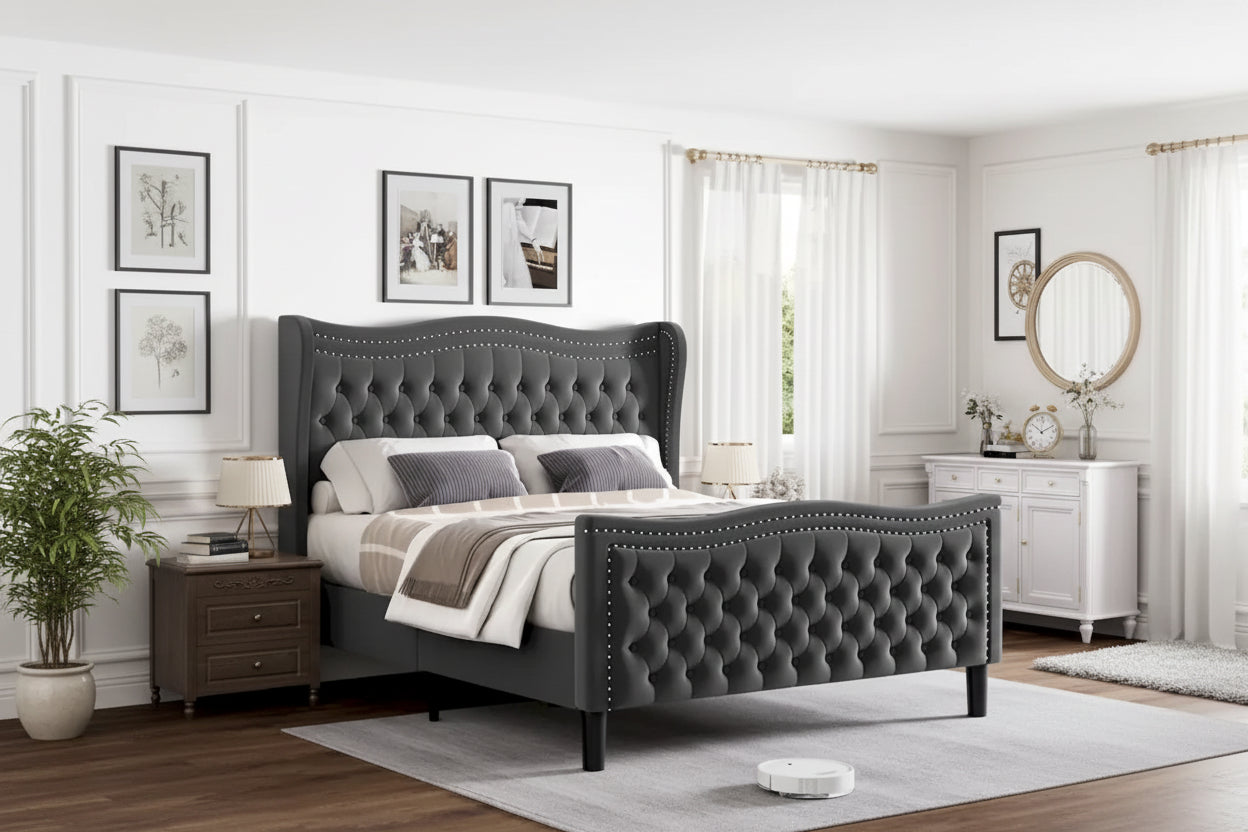 King Size Modern Velvet Platform Bed with Upholstered Headboard