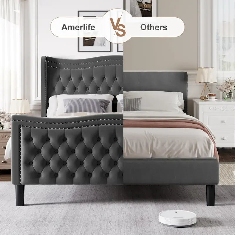 Letto matrimoniale king size in velluto con testiera imbottita e borchie in rame