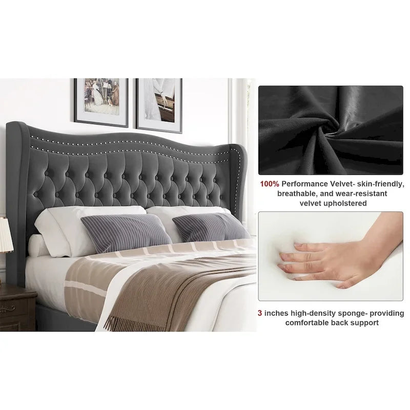 Letto matrimoniale king size in velluto con testiera imbottita e borchie in rame