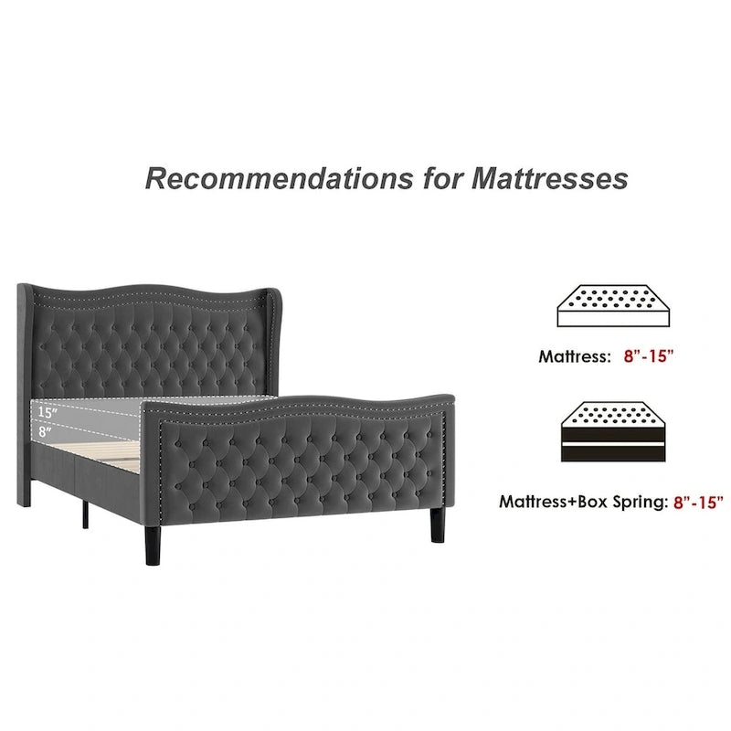 Letto matrimoniale king size in velluto con testiera imbottita e borchie in rame