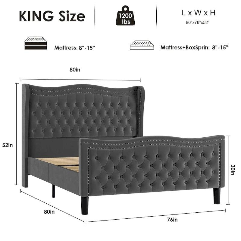 Letto matrimoniale king size in velluto con testiera imbottita e borchie in rame