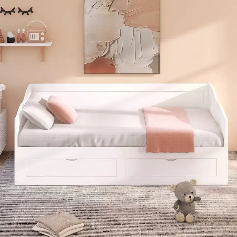Divano letto allungabile in legno di pino bianco con 2 cassetti portaoggetti