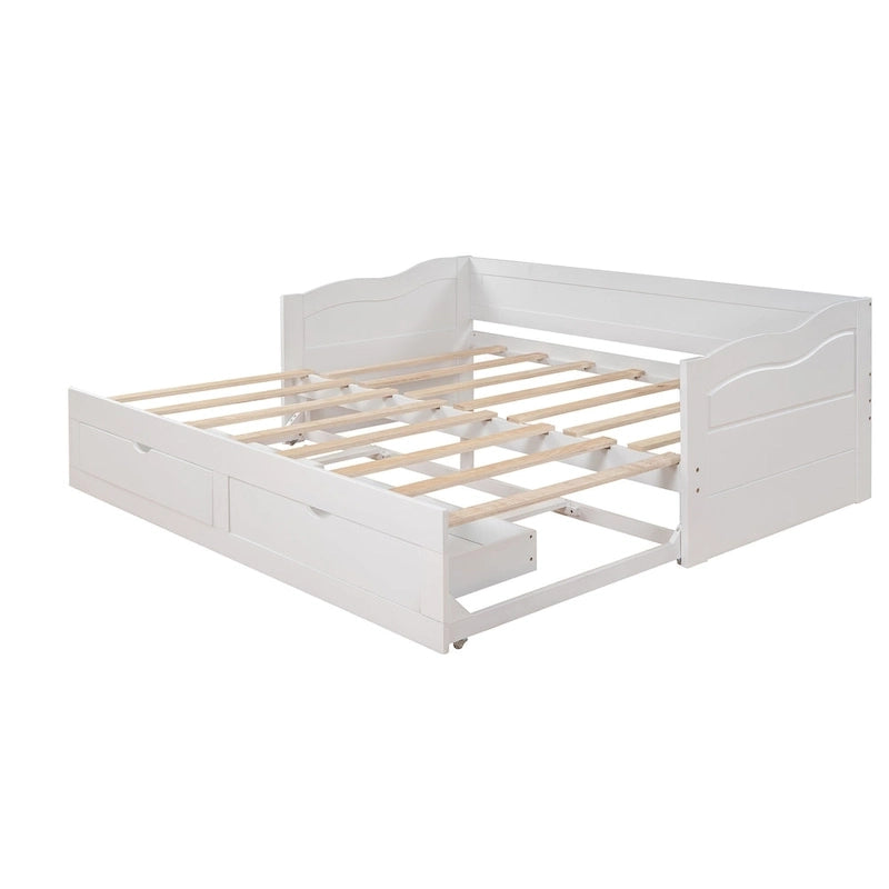 Divano letto allungabile in legno di pino bianco con 2 cassetti portaoggetti
