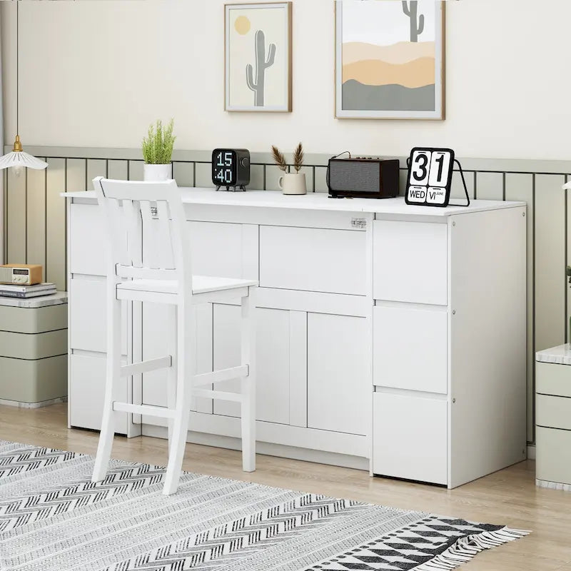 Letto a scomparsa con cassetti, armadietti, porte USB e sgabelli alti - Letto a parete salvaspazio con mobile contenitore