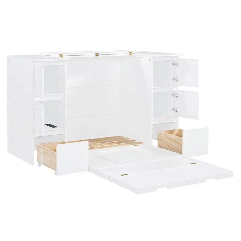 Letto a scomparsa con cassetti, armadietti, porte USB e sgabelli alti - Letto a parete salvaspazio con mobile contenitore