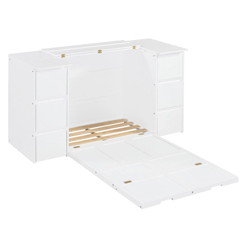 Letto a scomparsa con cassetti, armadietti, porte USB e sgabelli alti - Letto a parete salvaspazio con mobile contenitore