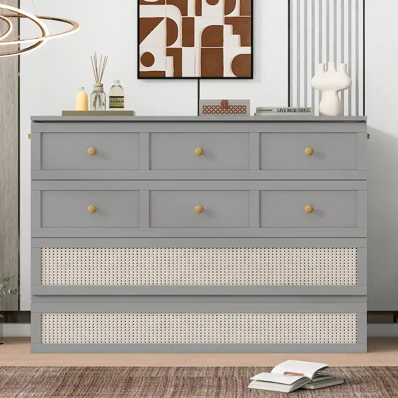 Letto a scomparsa grigio a grandezza naturale con cassetti portaoggetti versatili e design a trama in rattan
