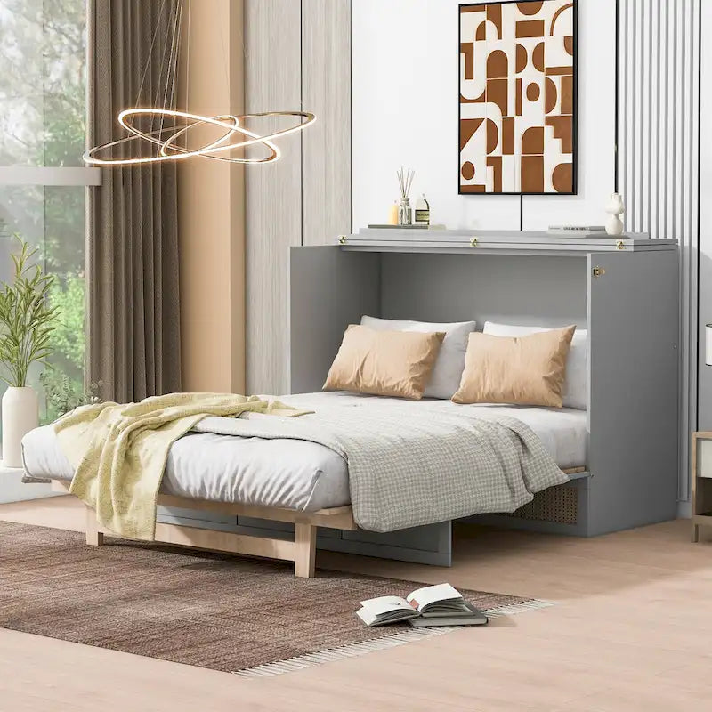 Letto a scomparsa grigio a grandezza naturale con cassetti portaoggetti versatili e design a trama in rattan