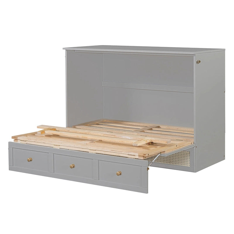 Letto a scomparsa grigio a grandezza naturale con cassetti portaoggetti versatili e design a trama in rattan