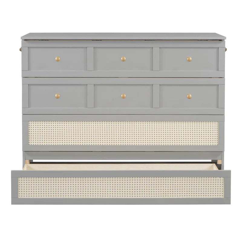 Letto a scomparsa grigio a grandezza naturale con cassetti portaoggetti versatili e design a trama in rattan