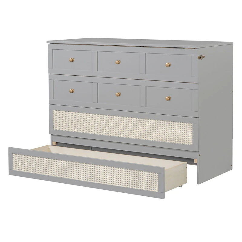 Letto a scomparsa grigio a grandezza naturale con cassetti portaoggetti versatili e design a trama in rattan