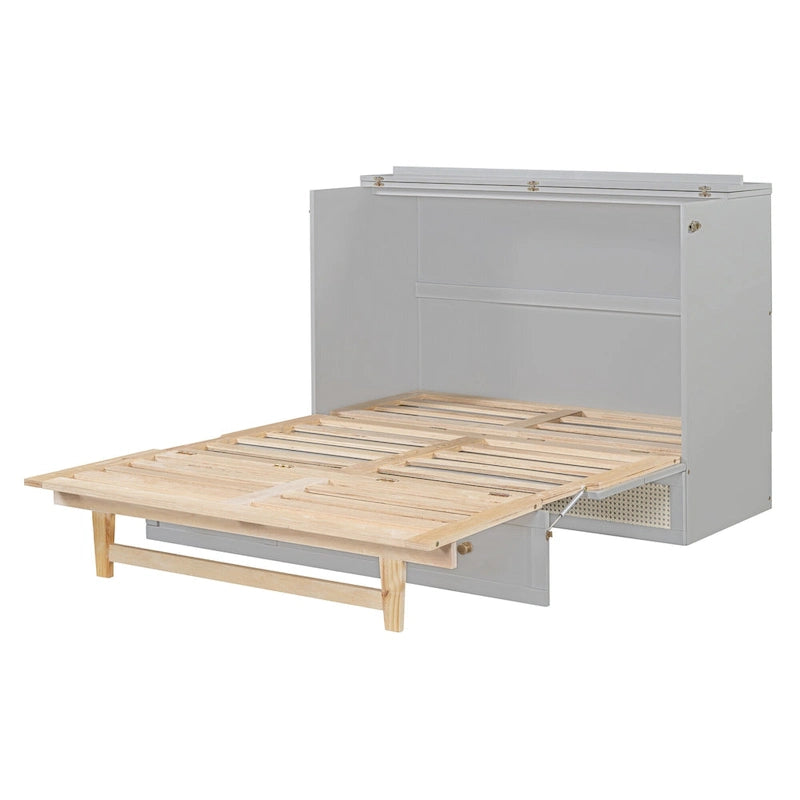 Letto a scomparsa grigio a grandezza naturale con cassetti portaoggetti versatili e design a trama in rattan