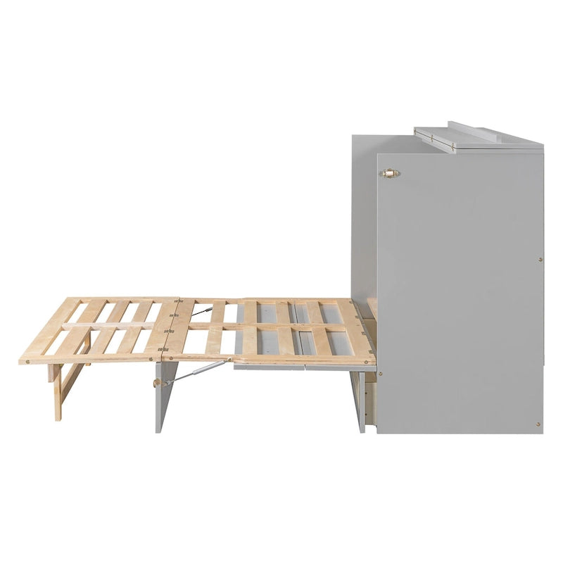 Letto a scomparsa grigio a grandezza naturale con cassetti portaoggetti versatili e design a trama in rattan