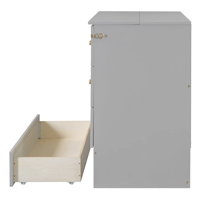 Letto a scomparsa grigio a grandezza naturale con cassetti portaoggetti versatili e design a trama in rattan