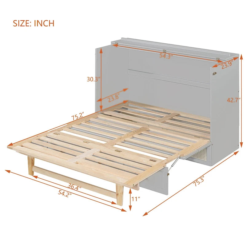 Letto a scomparsa grigio a grandezza naturale con cassetti portaoggetti versatili e design a trama in rattan