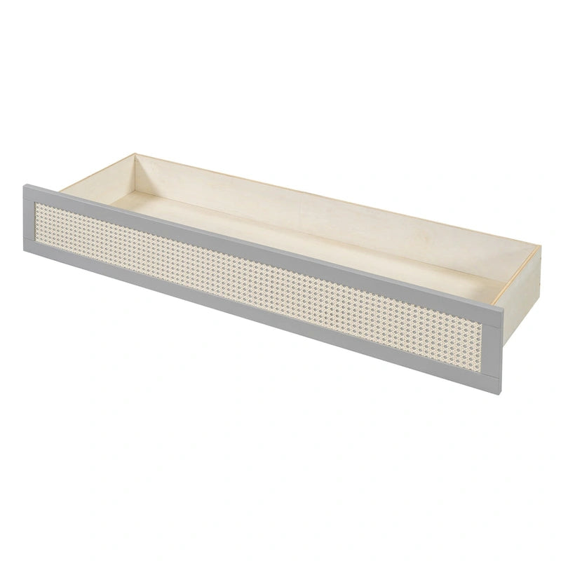 Letto a scomparsa grigio a grandezza naturale con cassetti portaoggetti versatili e design a trama in rattan