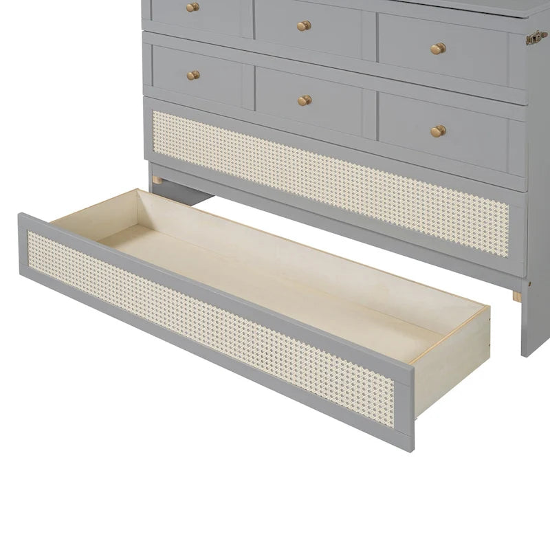 Letto a scomparsa grigio a grandezza naturale con cassetti portaoggetti versatili e design a trama in rattan