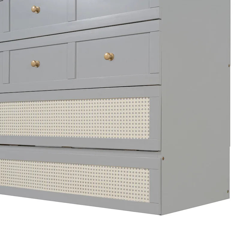 Letto a scomparsa grigio a grandezza naturale con cassetti portaoggetti versatili e design a trama in rattan
