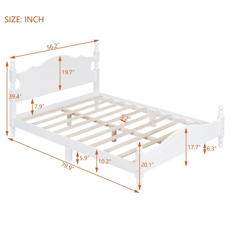 Struttura Letto a Piattaforma in Legno di Pino in Stile Retrò con Testiera e Pediera, Supporto a Doghe in Legno