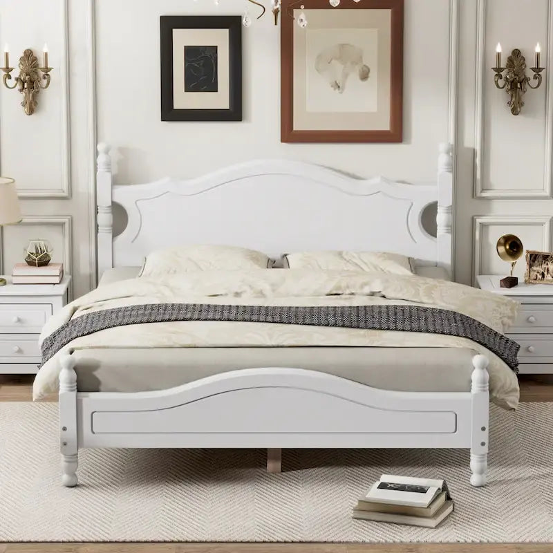 Struttura Letto a Piattaforma in Legno di Pino in Stile Retrò con Testiera e Pediera, Supporto a Doghe in Legno