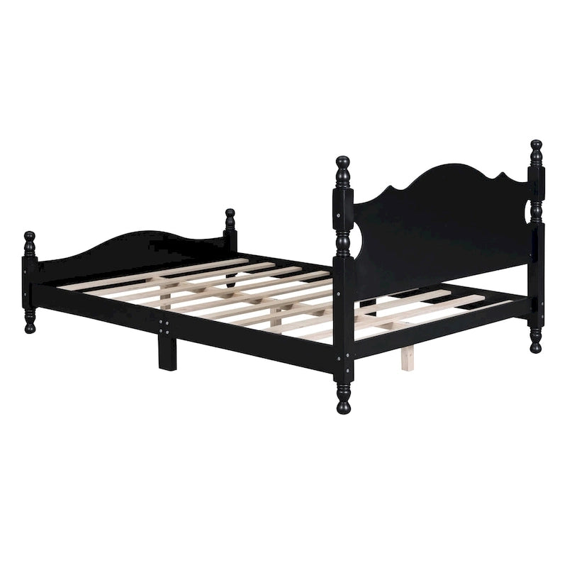 Struttura Letto a Piattaforma in Legno di Pino in Stile Retrò con Testiera e Pediera, Supporto a Doghe in Legno