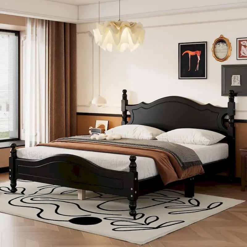 Struttura Letto a Piattaforma in Legno di Pino in Stile Retrò con Testiera e Pediera, Supporto a Doghe in Legno