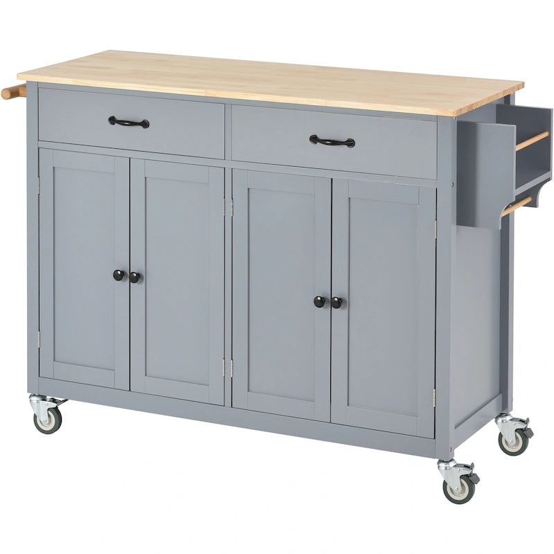 Carrello da Cucina/Isola in MDF con Piano in Legno Massello, Porta Spezie e Ruote Bloccabili