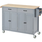 Carrello da Cucina/Isola in MDF con Piano in Legno Massello, Porta Spezie e Ruote Bloccabili