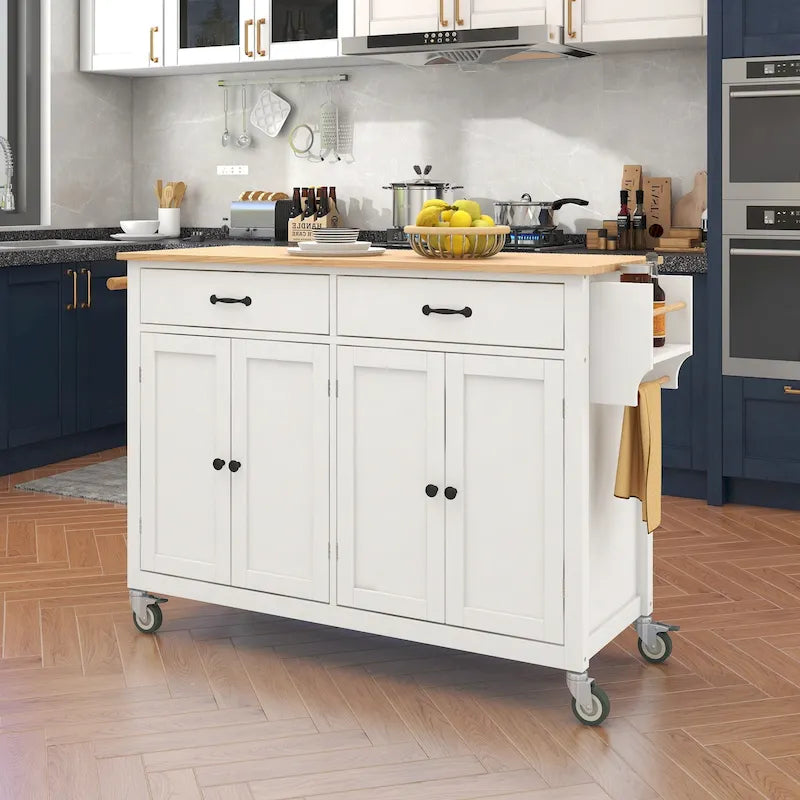 Carrello da Cucina/Isola in MDF con Piano in Legno Massello, Porta Spezie e Ruote Bloccabili